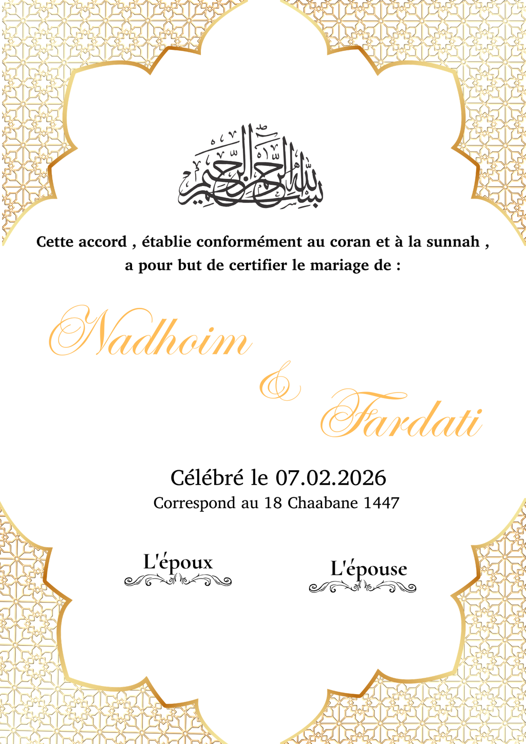 Certificat de mariage classique